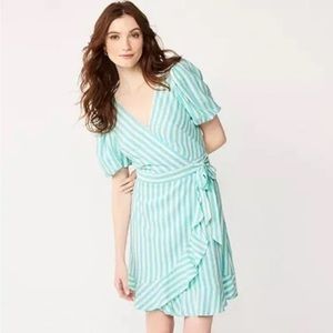 Draper James Women’s Puff Sleeve Turquoise White Striped Wrap Dress Size S NWT